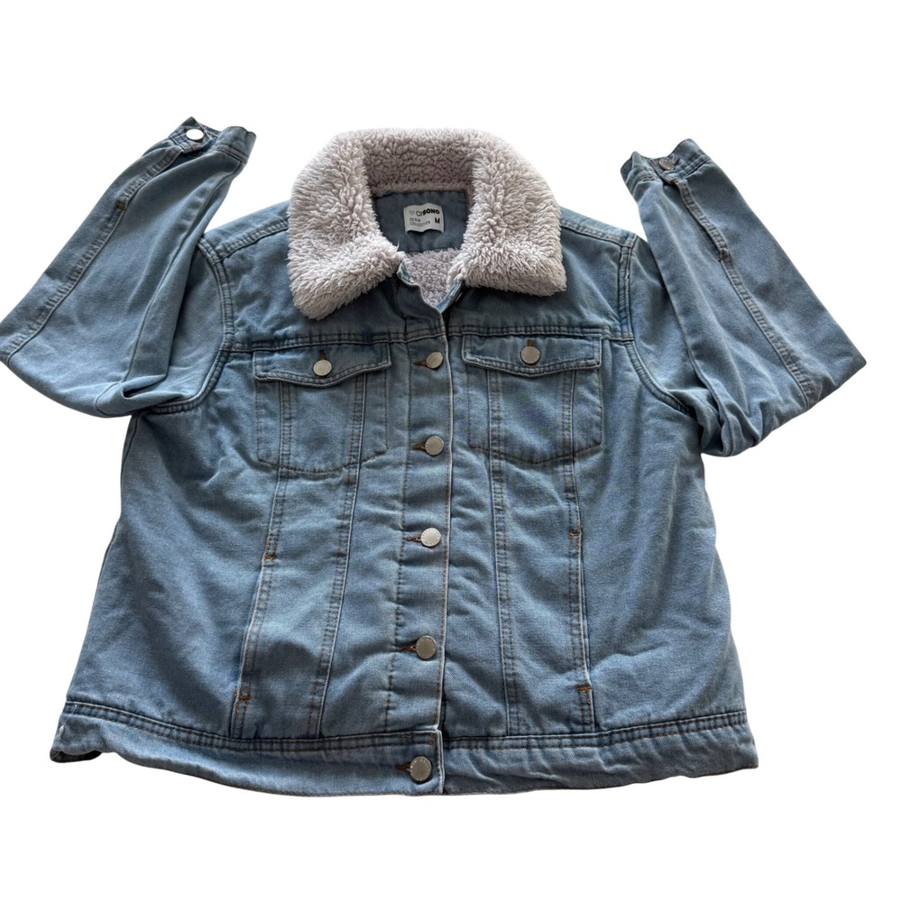 Cisono Medium Wash Sherpa Lined Denim‎ Trucker Jacket Womens Size M DJK421 Blue